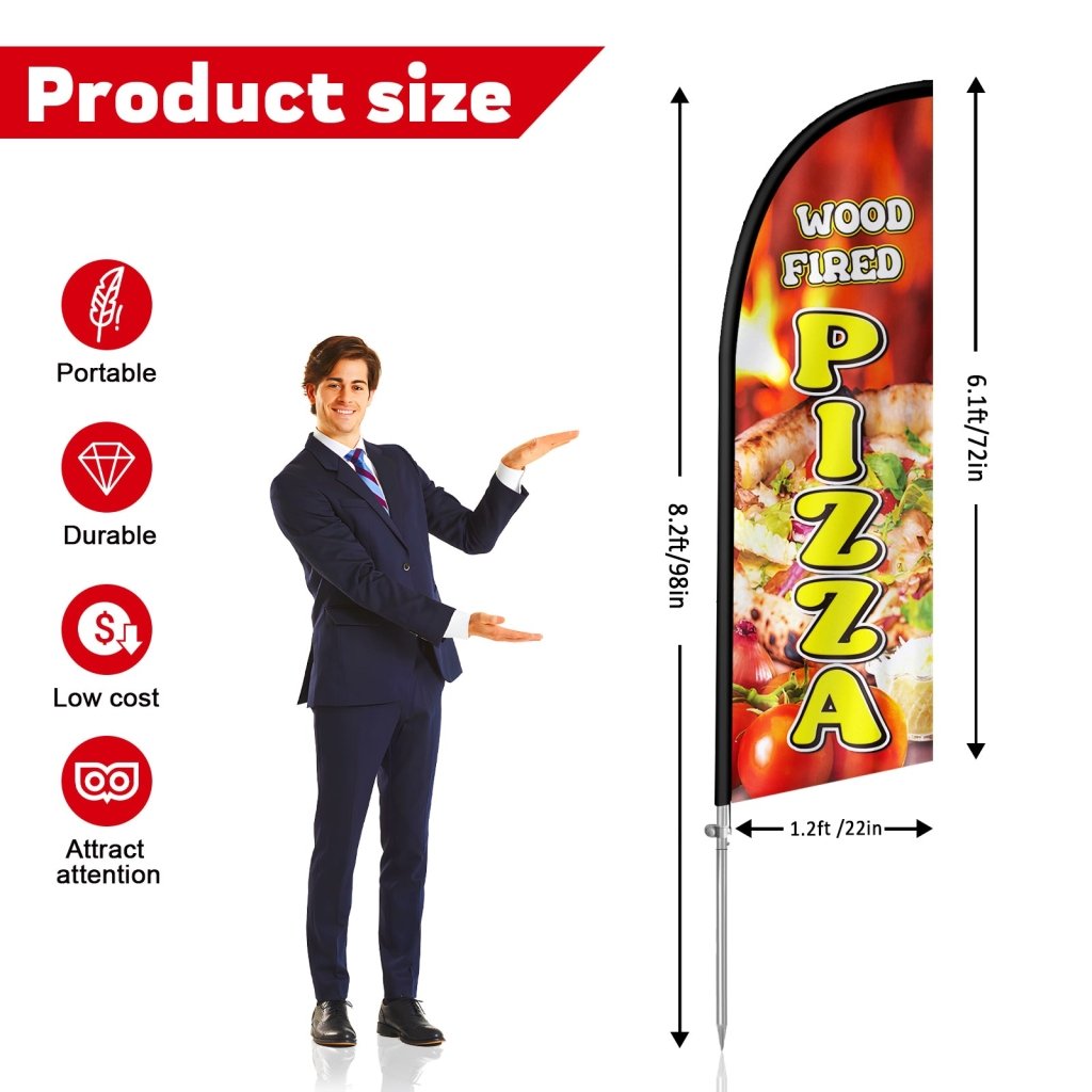 8FT Wood Fired Pizza Feather Flag with Stainless Steel Pole Kit(2m flag set)