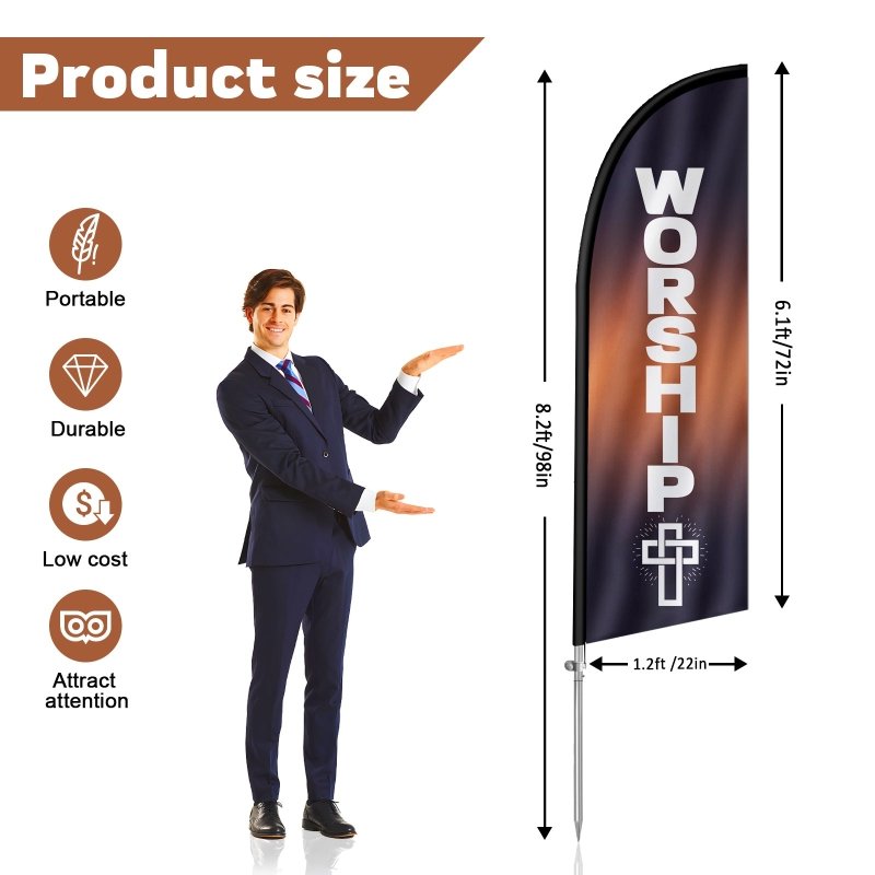 8FT Worship Banner Feather Flag with Stainless Steel Pole Kit(2m flag set)