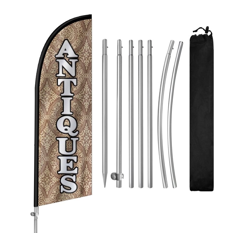 Antique Store Signs - 8FT Antiques Banner Feather Flag with Stainless Steel Pole Kit(2m flag set)