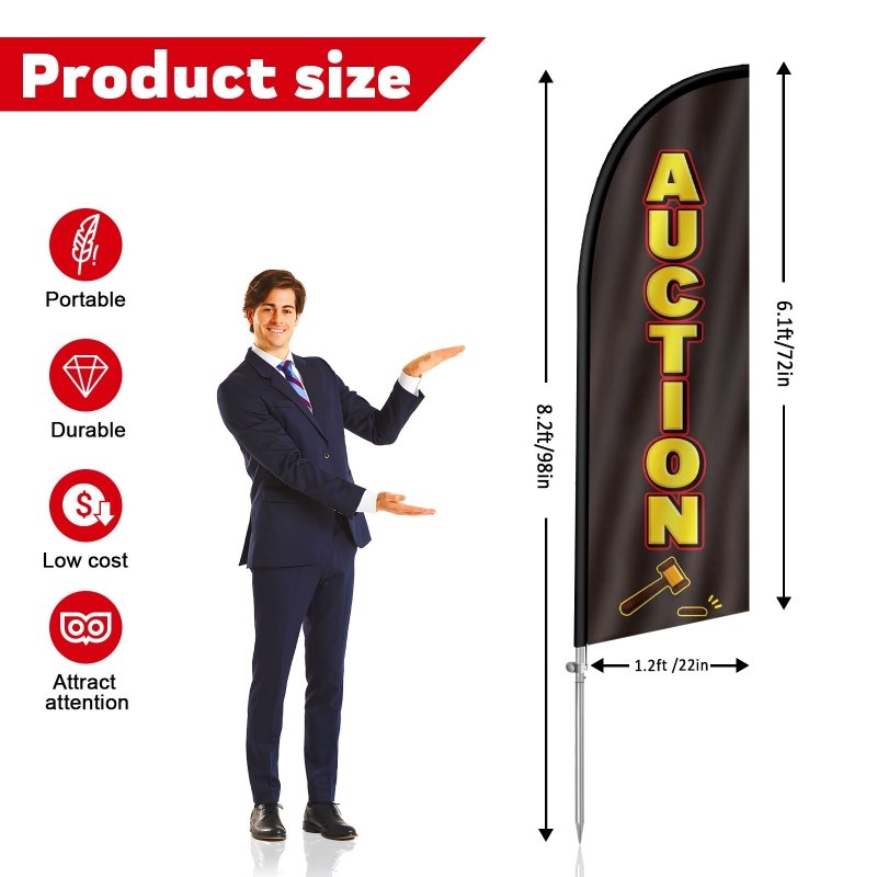 Auction Sign - 8FT Auction Feather Flag with Stainless Steel Pole Kit(2m flag set)