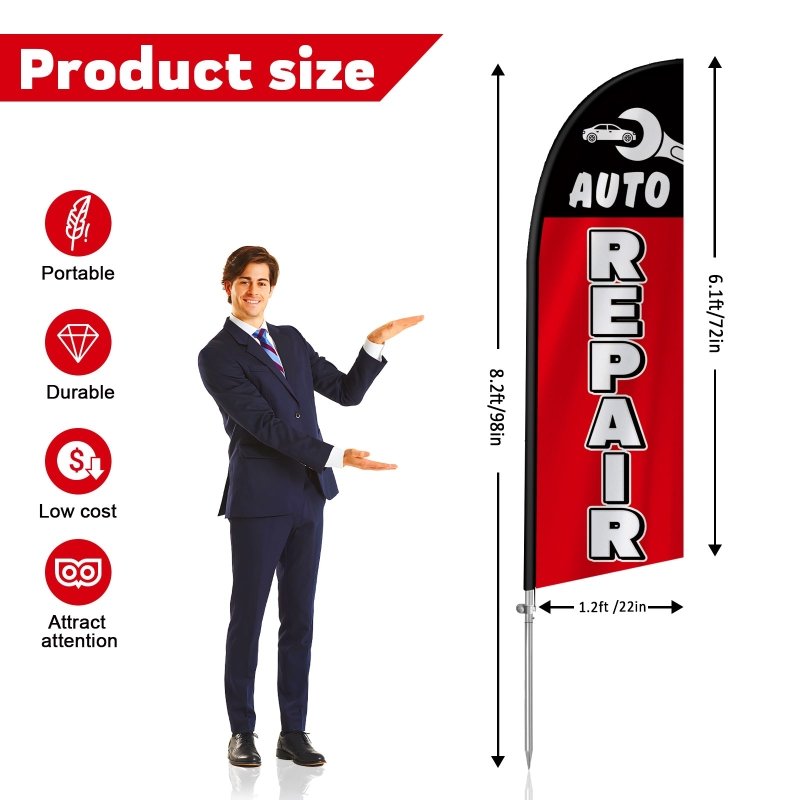 Auto Repair Signs - 8FT Auto Repair Banner Feather Flag with Stainless Steel Pole Kit(2m flag set)