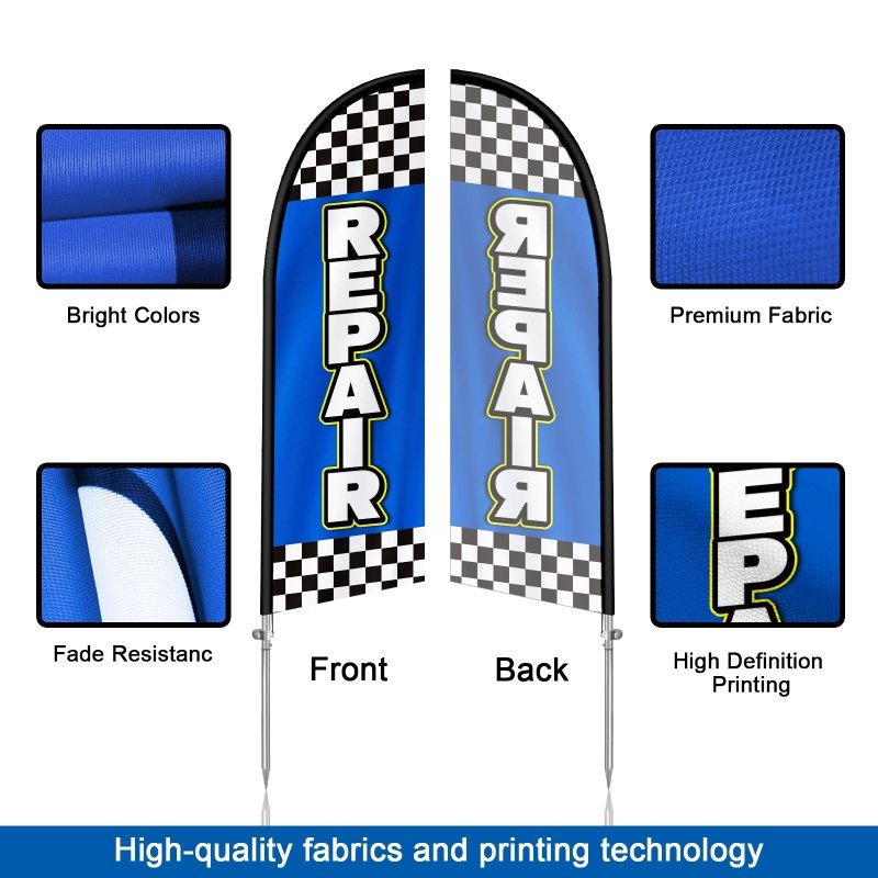 Auto Repair Signs - 8FT Auto Repair Blue Feather Flag with Stainless Steel Pole Kit(2m flag set)