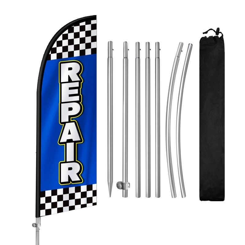 Auto Repair Signs - 8FT Auto Repair Blue Feather Flag with Stainless Steel Pole Kit(2m flag set)