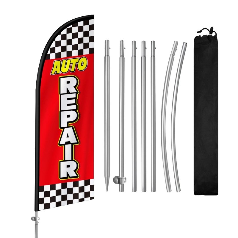 Auto Repair Signs - 8FT Auto Repair Red Feather Flag with Stainless Steel Pole Kit(2m flag set)