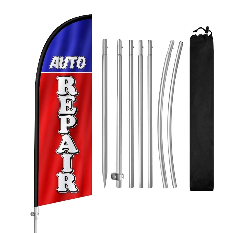 Auto Repair Signs - 8FT Auto Repair Red&Blue Feather Flag with Stainless Steel Pole Kit(2m flag set)