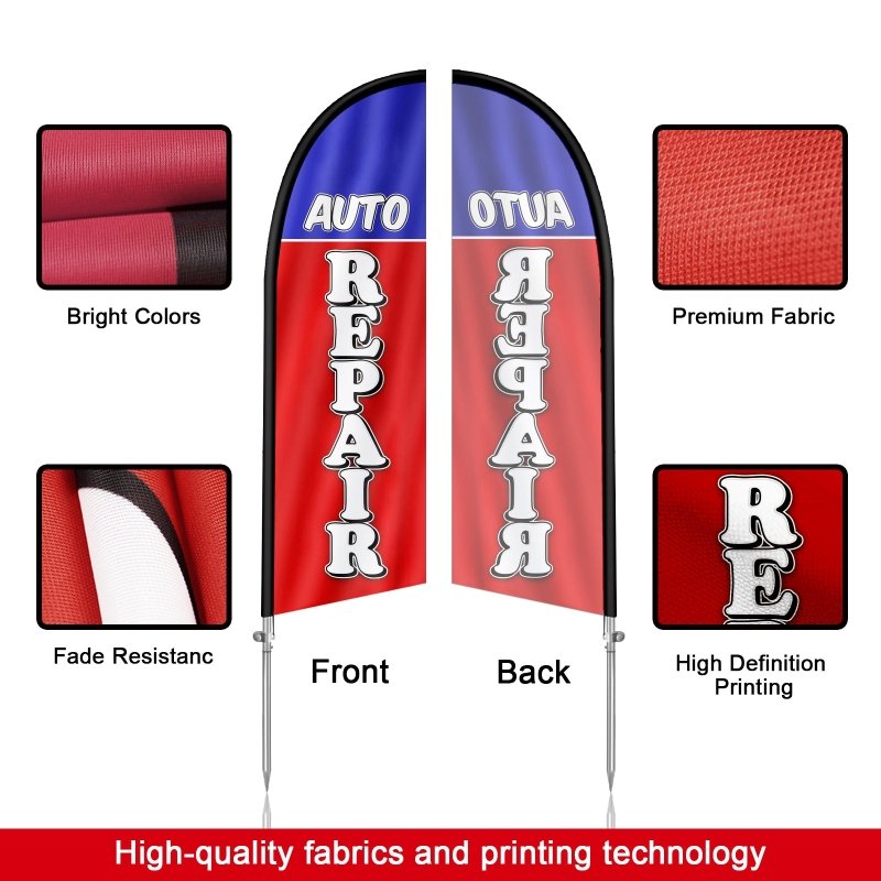 Auto Repair Signs - 8FT Auto Repair Red&Blue Feather Flag with Stainless Steel Pole Kit(2m flag set)