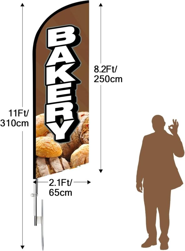 Bakery Sign - 11FT Windless Bakery Feather Flag with Flagpole/ Ground Stake/Portable Bag(3.4m)