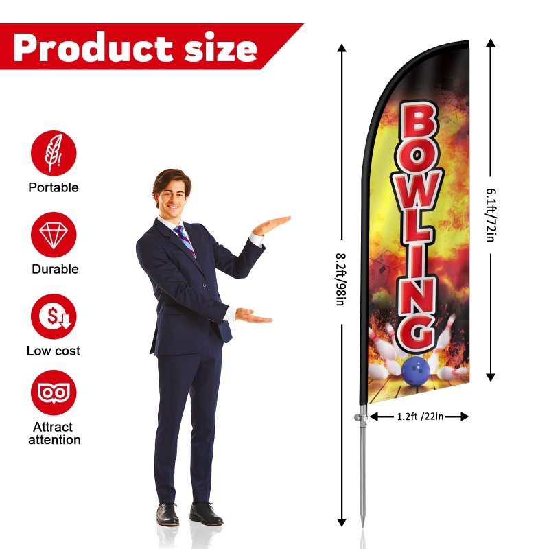 Bowling Flag - 8FT Bowling Banner Feather Flag with Stainless Steel Pole Kit(2m flag set)