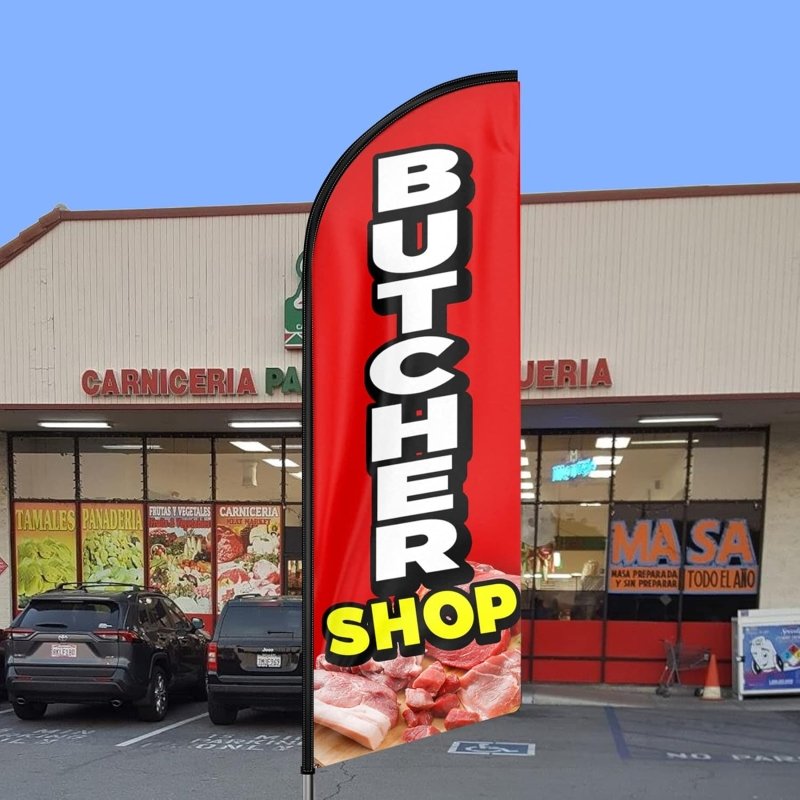 Butcher Shop Sign - 11FT Butcher Shop Polyester Swooper Flag with Flagpole/Ground Stake(3.4m)