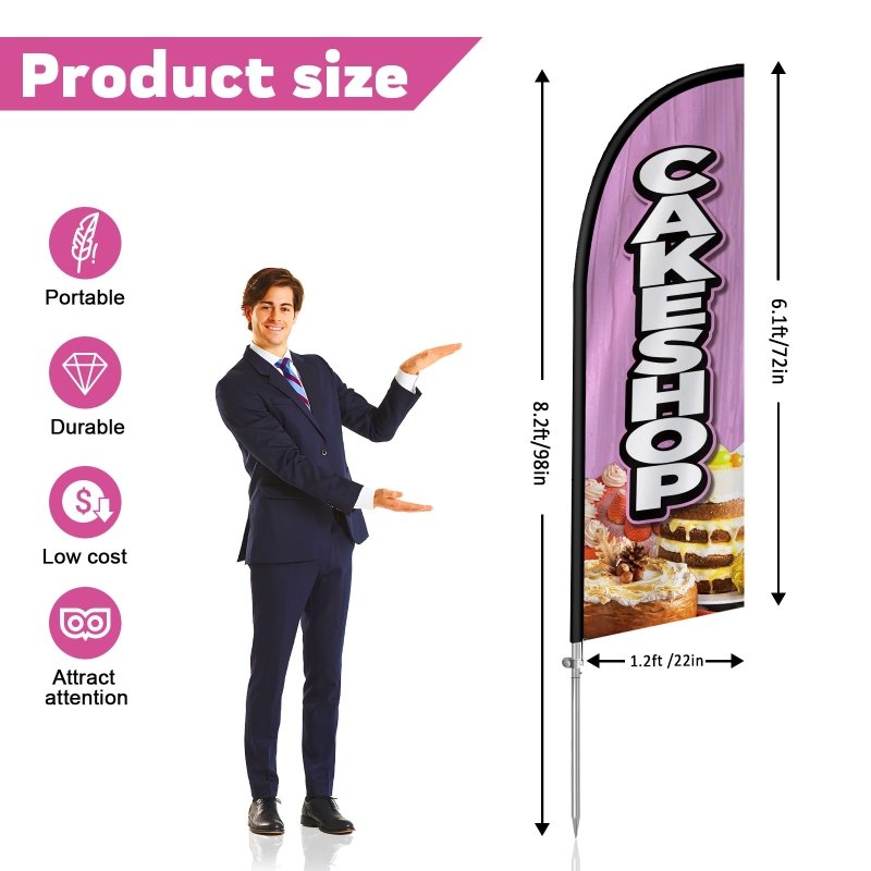 Cake Sign - 8FT Cakeshop Banner Feather Flag with Stainless Steel Pole Kit(2m flag set)