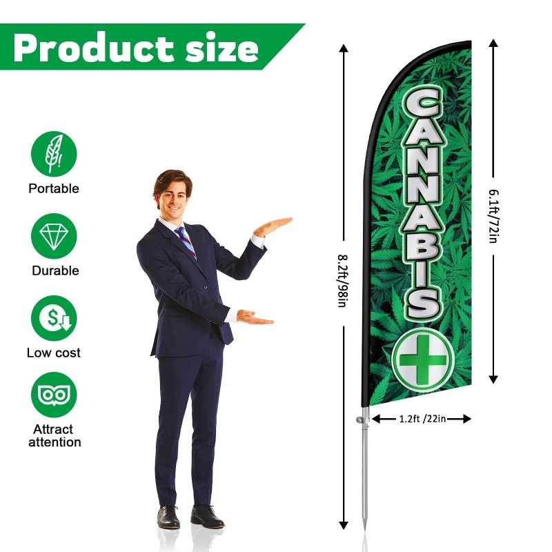 Cannabis Flag - 8FT Cannabis Banner Feather Flag with Stainless Steel Pole Kit(2m flag set)