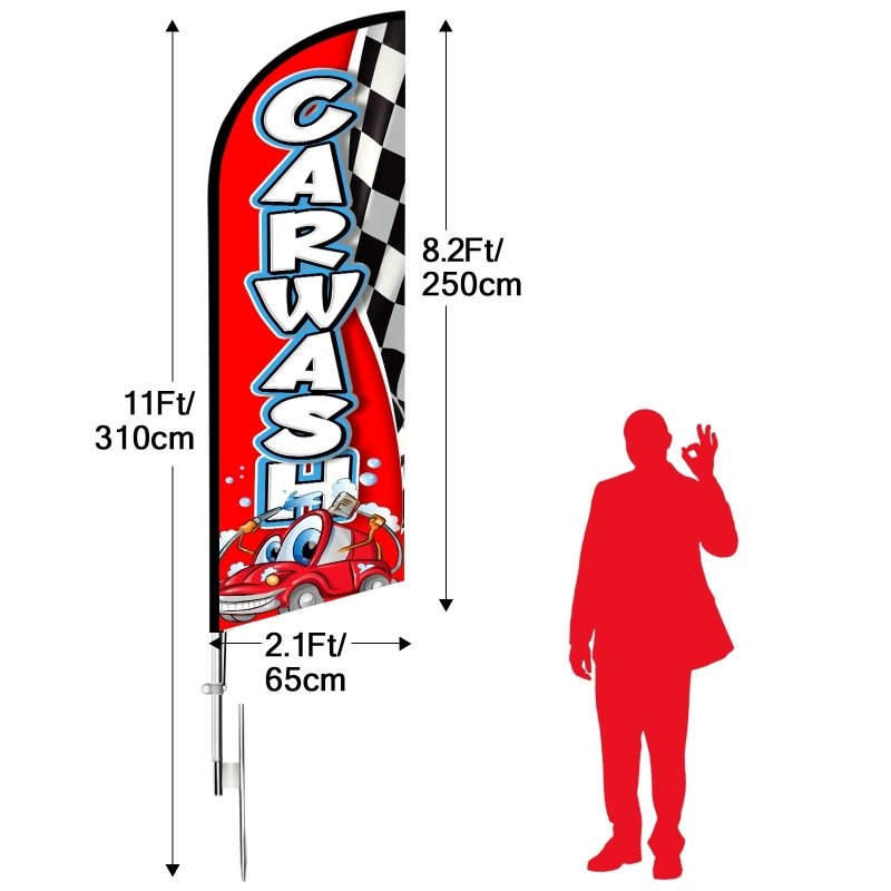 Car Wash Signs - 11FT Windless Car Wash Feather Flag with Aluminum Alloy Flagpole Kit(3.4m)