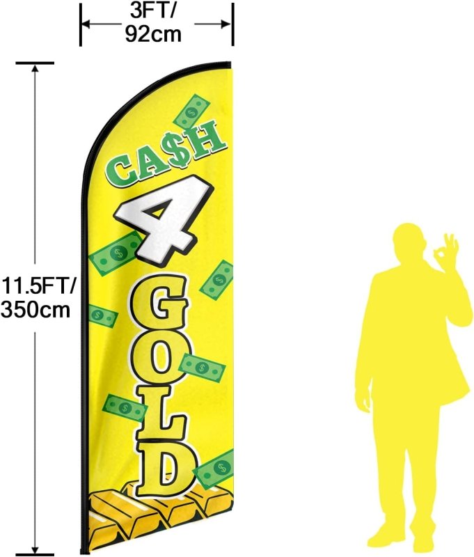 Cash 4 Gold Themed Feather Flag, 11FT Cash 4 Gold Advertising Swooper Flag Fit 15FT Flagpole(Flagpole Not Included 4.3)