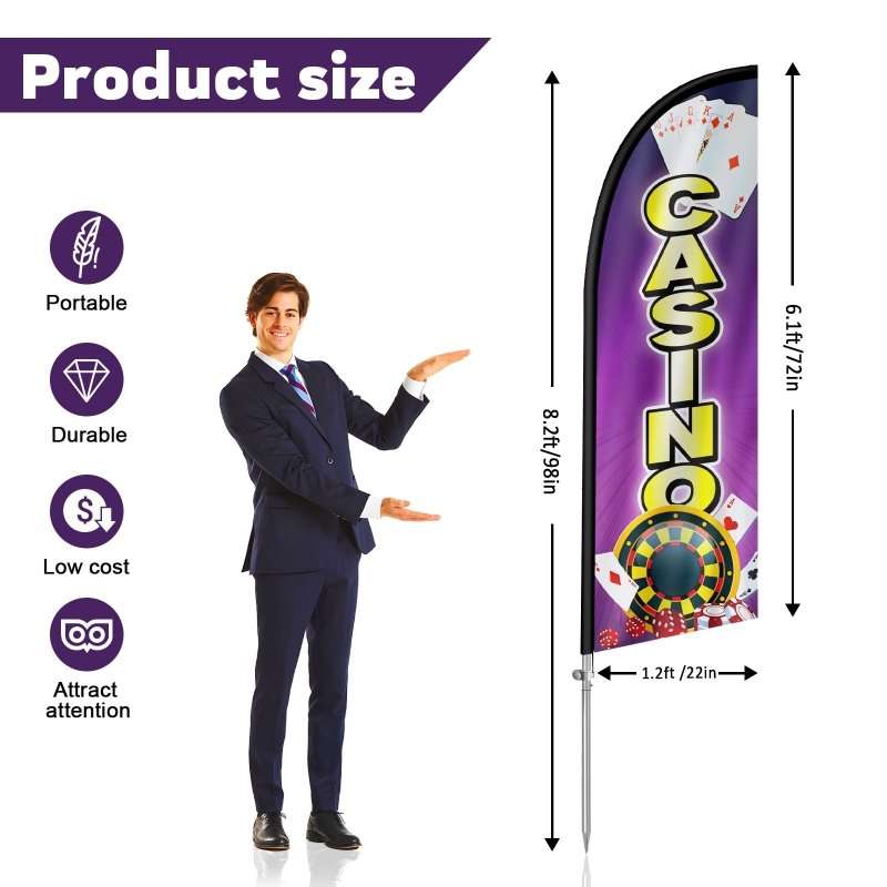 Casino Flag - 8FT Casino Banner Feather Flag with Stainless Steel Pole Kit(2m flag set)