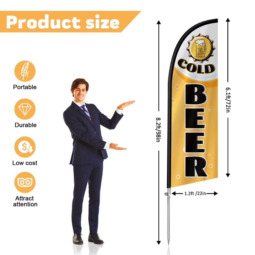 Cold Beer Flag - 8FT Cold Beer Banner Feather Flag with Stainless Steel Pole Kit(2m flag set)