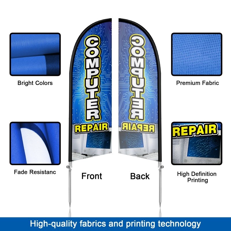 Computer Repair Sign - 8FT Computer Repair Banner Feather Flag with Stainless Steel Pole Kit(2m flag set)