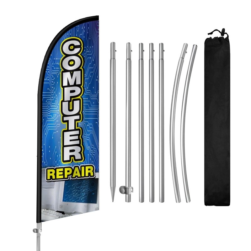 Computer Repair Sign - 8FT Computer Repair Banner Feather Flag with Stainless Steel Pole Kit(2m flag set)