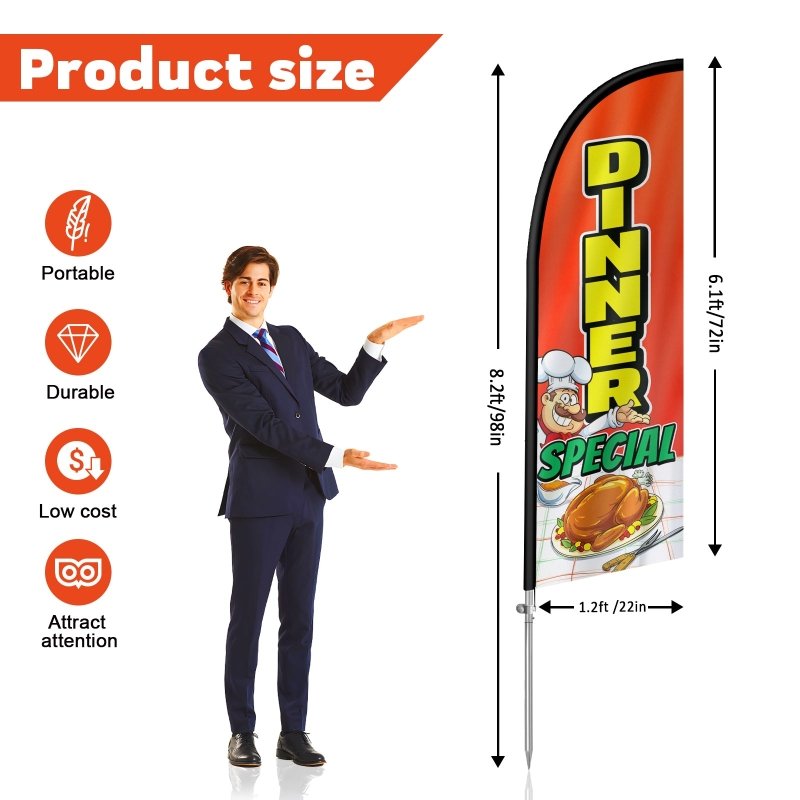 Dinner Special Sign - 8FT Dinner Special Banner Feather Flag with Stainless Steel Pole Kit(2m flag set)