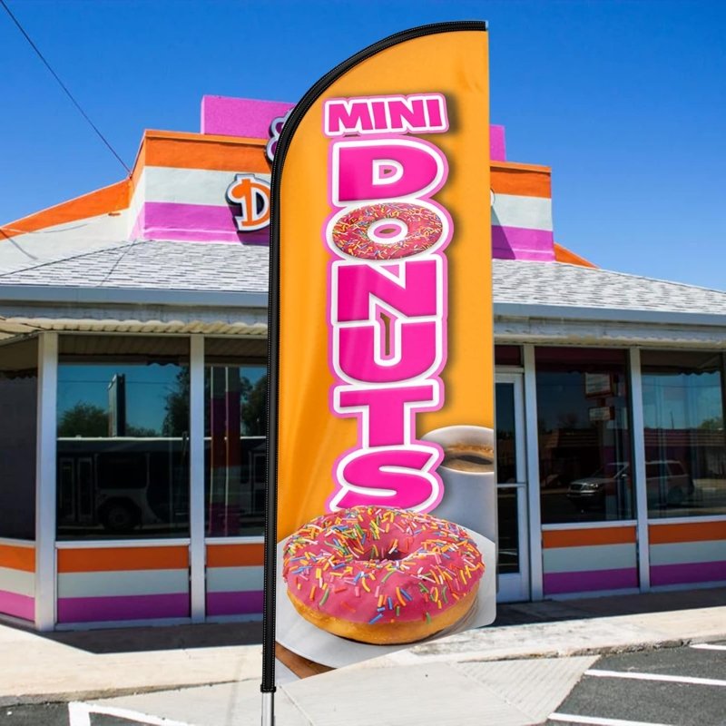 Donut Sign - 11 FT Mini Donuts Orange Signs Featehr Flag and Pole Kit(3.4m)