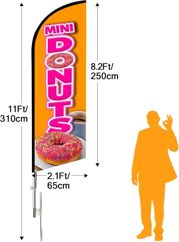 Donut Sign - 11 FT Mini Donuts Orange Signs Featehr Flag and Pole Kit(3.4m)