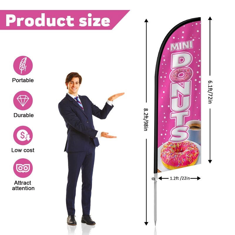 Donut Sign - 8FT Mini Donuts Pink Feather Flag with Stainless Steel Pole Kit(2m flag set)