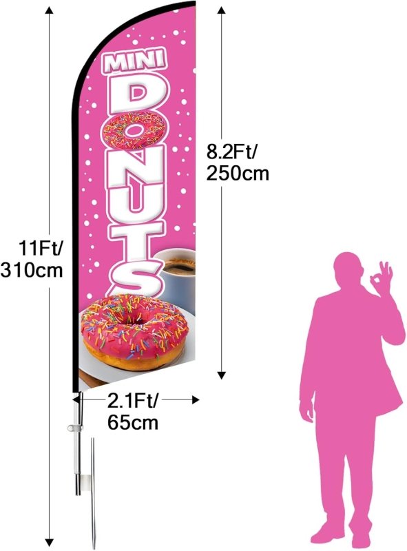 Donuts Sign - 11 FT Windless Mini Donuts Feather Flag with Flagpole/Ground Stake(3.4m)