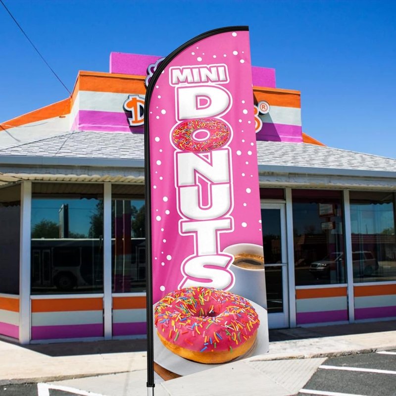 Donuts Sign - 11 FT Windless Mini Donuts Feather Flag with Flagpole/Ground Stake(3.4m)