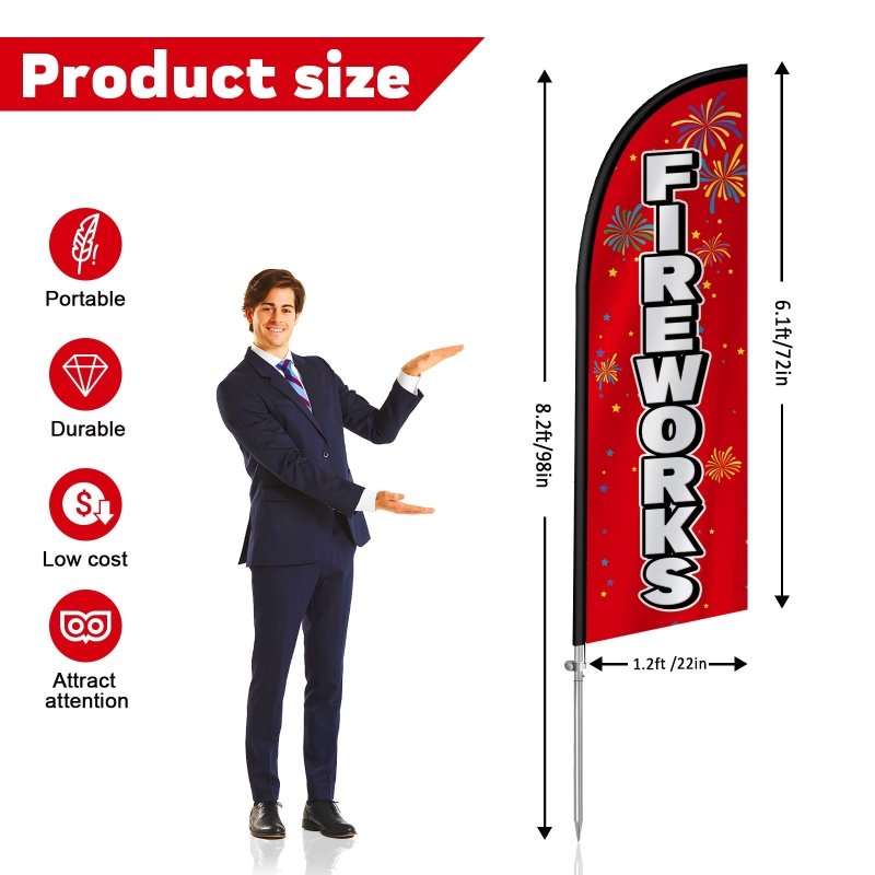 Fireworks Flag - 8FT Fireworks Banner Feather Flag with Stainless Steel Pole Kit(2m flag set)