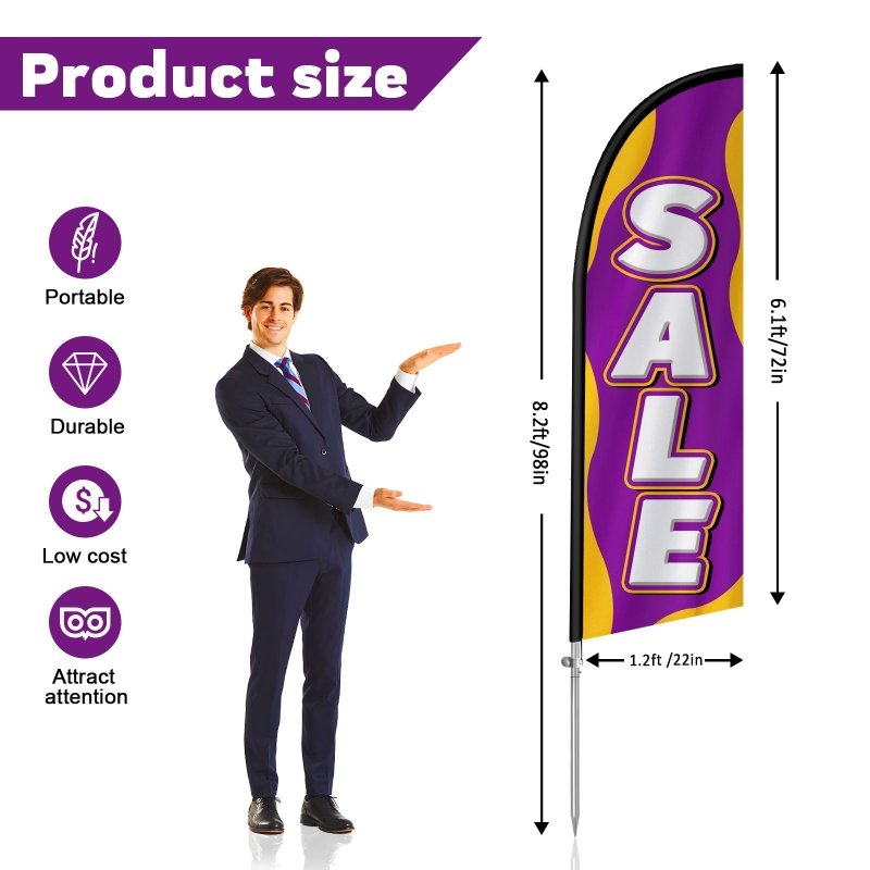 For Sale Sign - 8FT Sale Purple Banner Feather Flag with Stainless Steel Pole Kit(2m flag set)