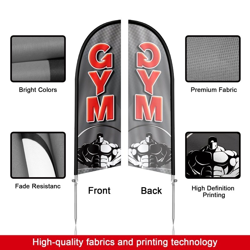 Gym Flags - 8FT Gym Banner Feather Flag with Stainless Steel Pole Kit(2m flag set)