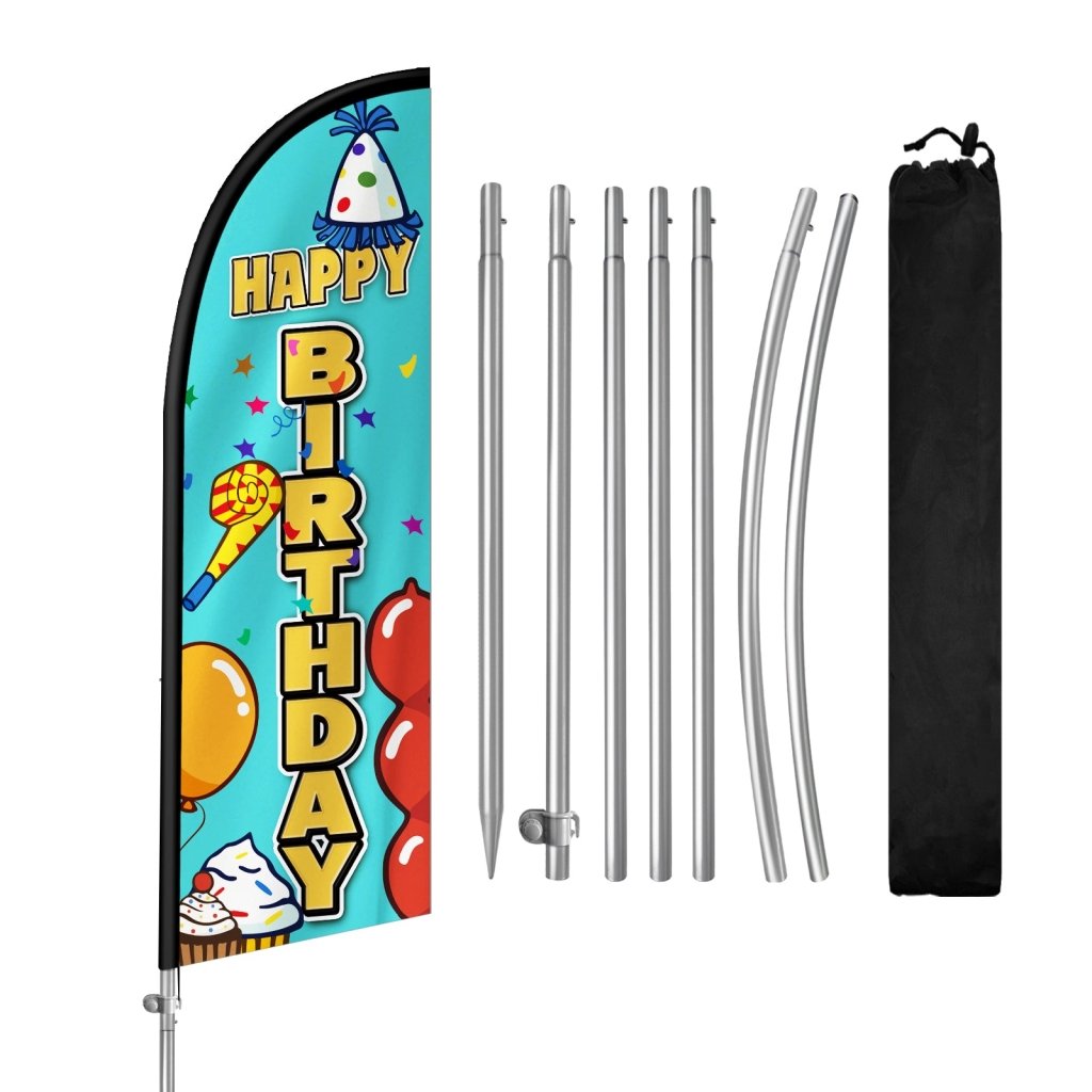 Happy Birthday FLAG - 8FT Happy Birthday Feather Flag with Stainless Steel Pole Kit(2m flag set)