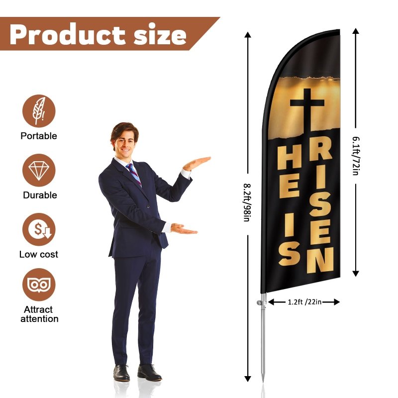 He Is Risen FLAG - 8FT He Is Risen Feather Flag with Stainless Steel Pole Kit(2m flag set)