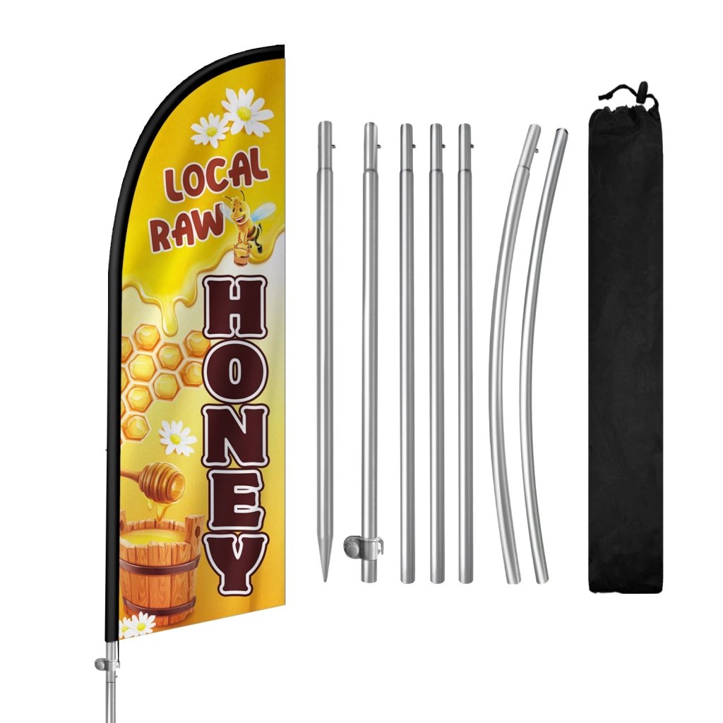 Honey Sign - 8FT Local Raw Honey Feather Flag with Stainless Steel Pole Kit(2m flag set)