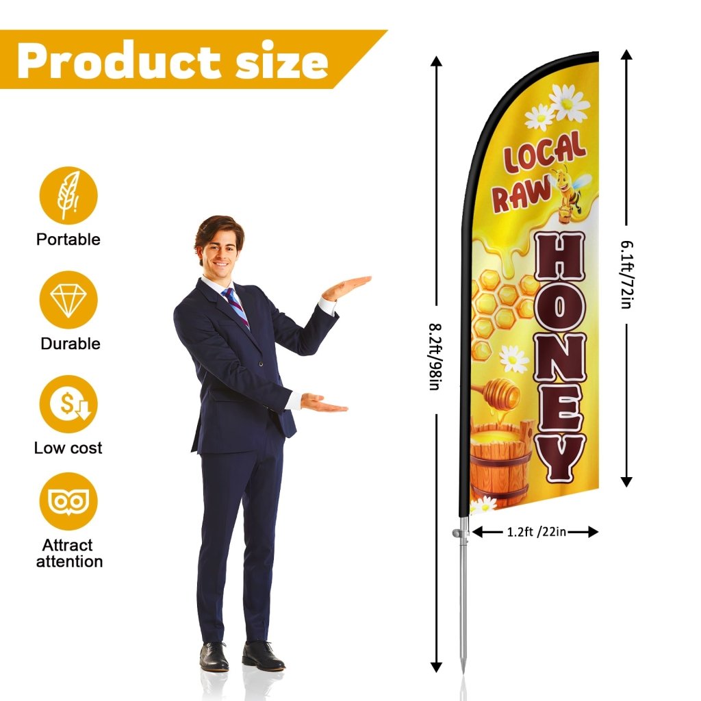 Honey Sign - 8FT Local Raw Honey Feather Flag with Stainless Steel Pole Kit(2m flag set)