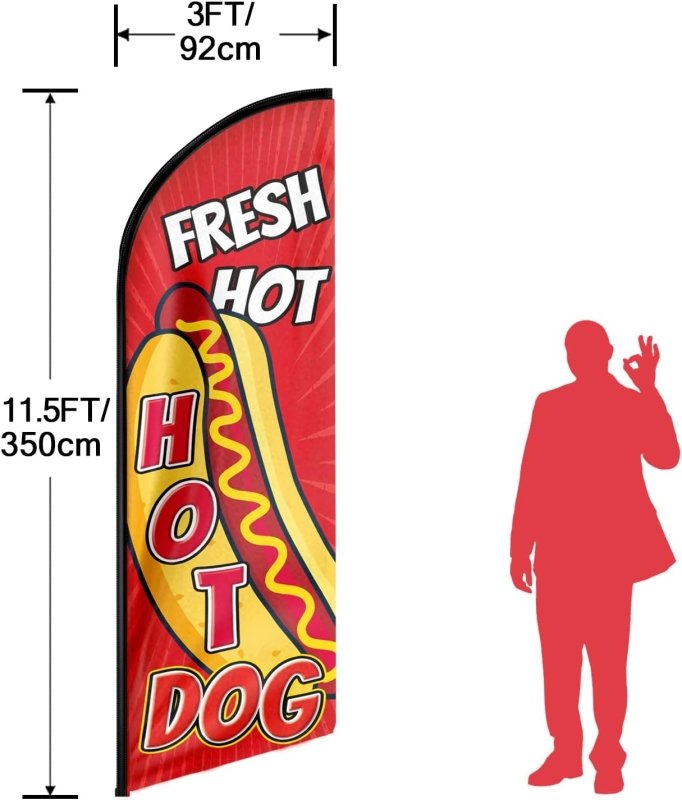 Hot Dog Sign - 11FT Fresh Hot Hot Dogs Advertising Swooper Flag Fit 15FT Flagpole(Flagpole Not Included 4.3)