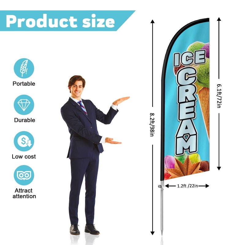 Ice Cream Signs - 8FT Ice Cream Blue Feather Flag with Stainless Steel Pole Kit(2m flag set)