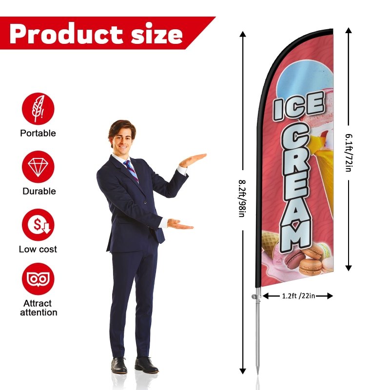 Ice Cream Signs - 8FT Ice Cream Pink01 Feather Flag with Stainless Steel Pole Kit(2m flag set)