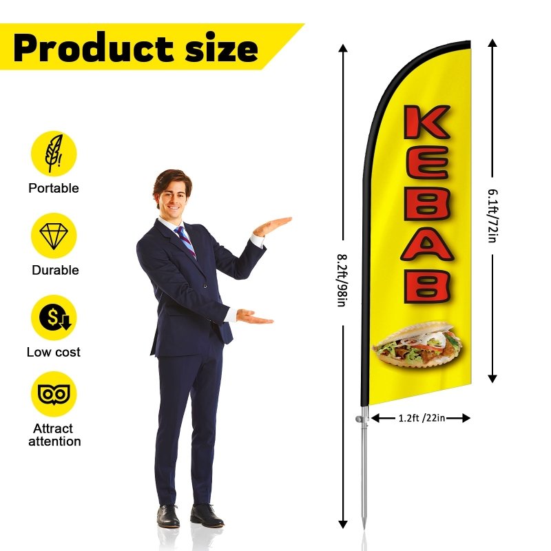 Kebab Sign - 8FT Kebabs Banner Feather Flag with Stainless Steel Pole Kit(2m flag set)