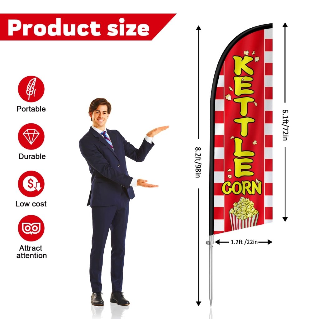 Kettle Corn Flags - 8FT Kettle Corn Banner Feather Flag with Stainless Steel Pole Kit(2m flag set)