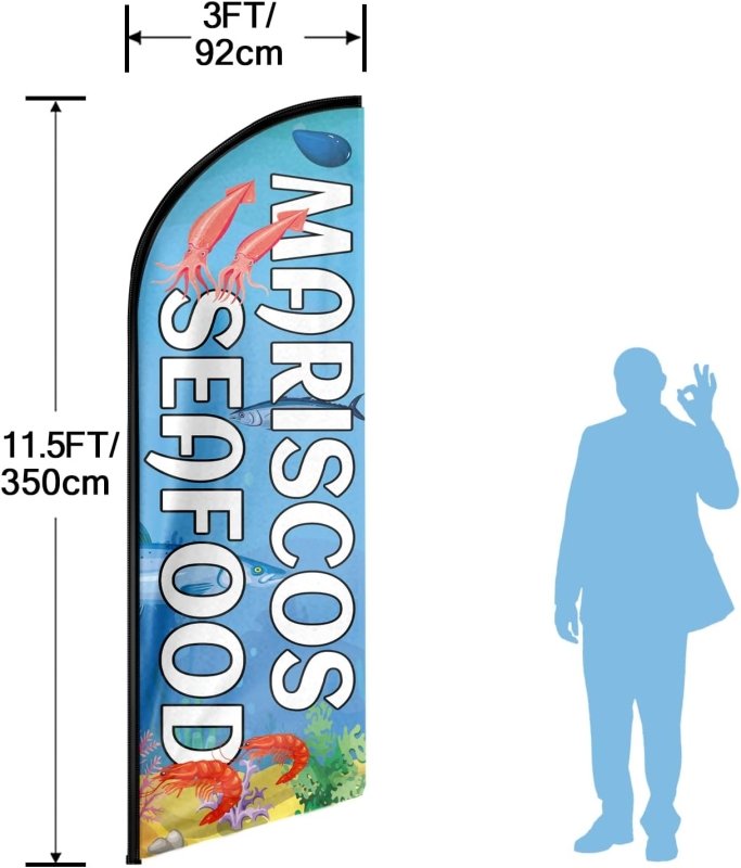 Mariscos Seafood Themed Feather Flag, 11FT Mariscos Seafood Advertising Swooper Flag Fit 15FT Flagpole(Flagpole Not Included 4.3)