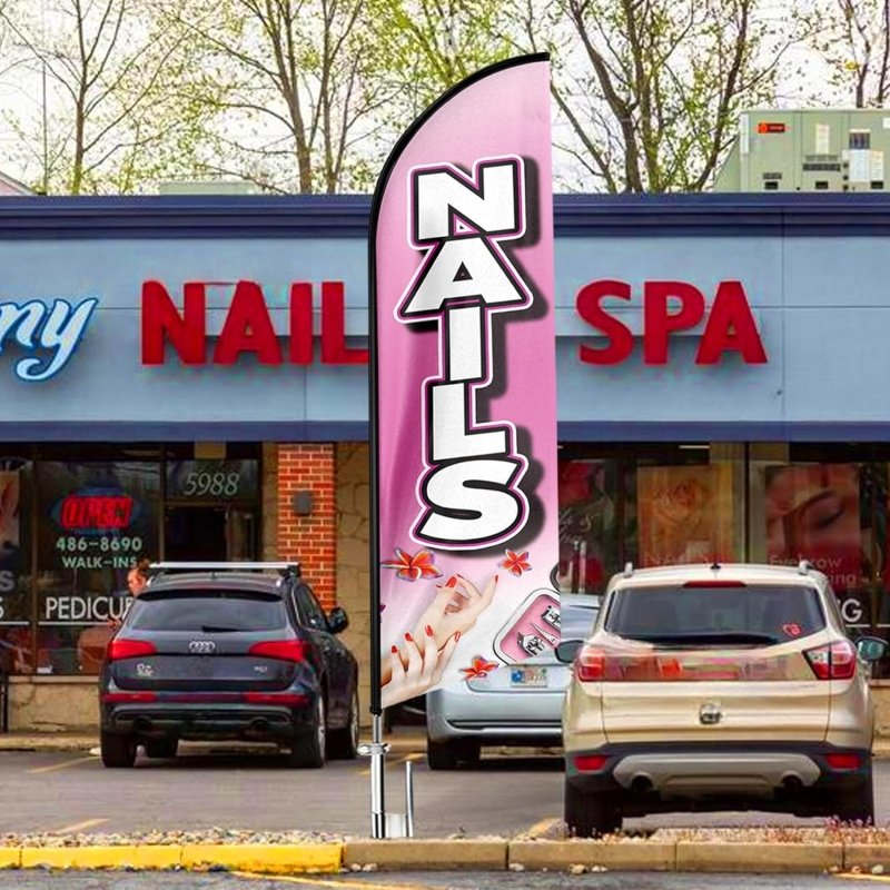 Nail Shop Sign - 11FT Nails Polyester Swooper Flag with Aluminium Alloy Flag Pole Kit(3.4m)