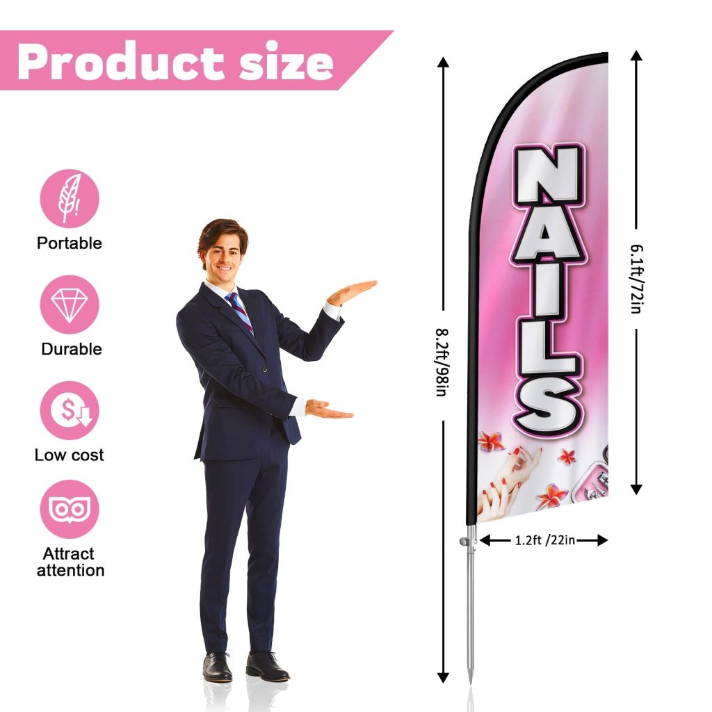 Nail Shop Sign - 8FT Nails Banner Feather Flag with Stainless Steel Pole Kit(2m flag set)