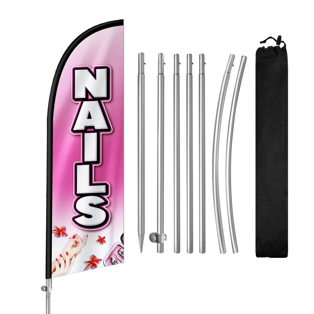 Nail Shop Sign - 8FT Nails Banner Feather Flag with Stainless Steel Pole Kit(2m flag set)