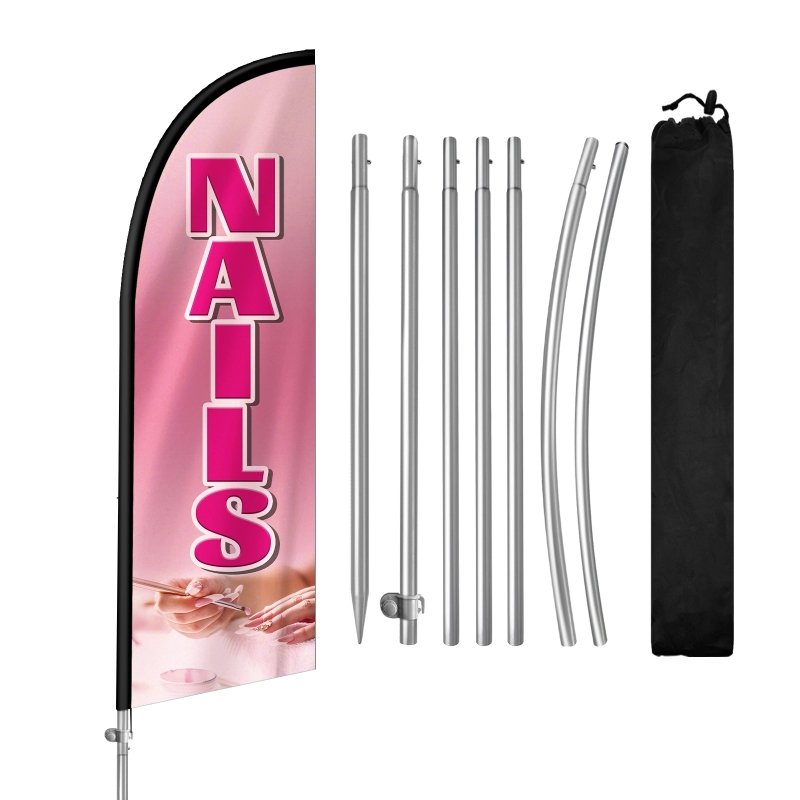 Nail Shop Sign - 8FT Nails Pink Feather Flag with Stainless Steel Pole Kit(2m flag set)