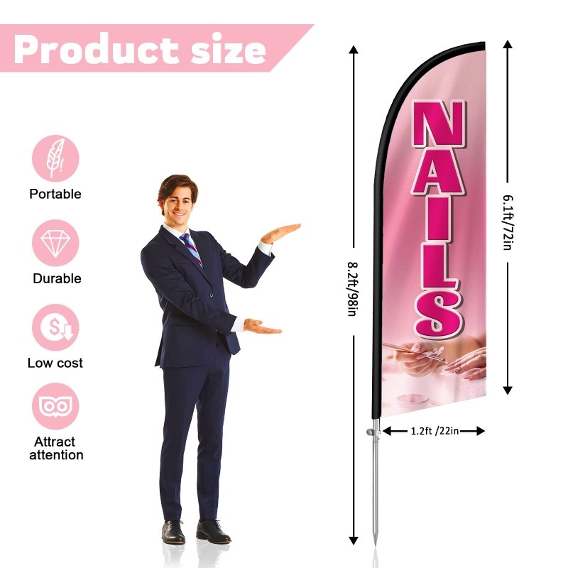 Nail Shop Sign - 8FT Nails Pink Feather Flag with Stainless Steel Pole Kit(2m flag set)