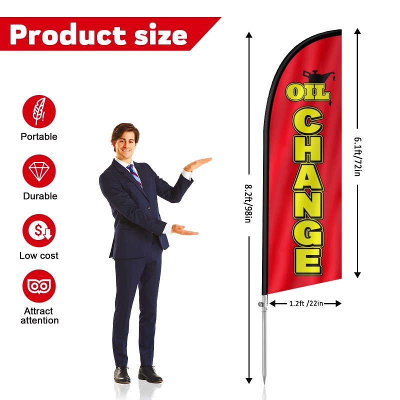 Oil Change Sign - 8FT Oil Change Banner Feather Flag with Stainless Steel Pole Kit(2m flag set)