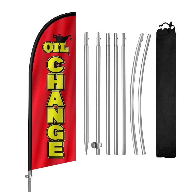 Oil Change Sign - 8FT Oil Change Banner Feather Flag with Stainless Steel Pole Kit(2m flag set)