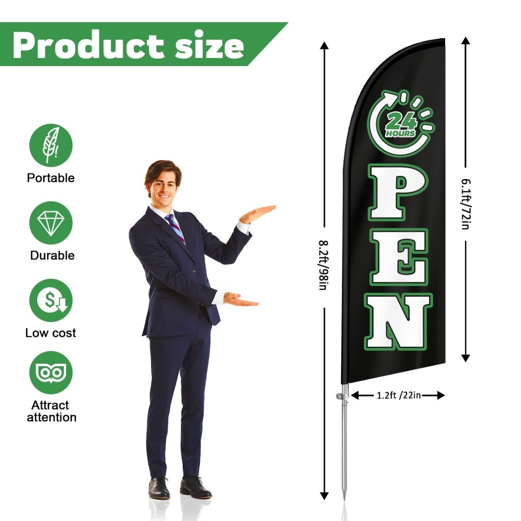 Open 24 Hours Sign - 8FT Open 24 Hours Black Banner Feather Flag with Stainless Steel Pole Kit(2m flag set)