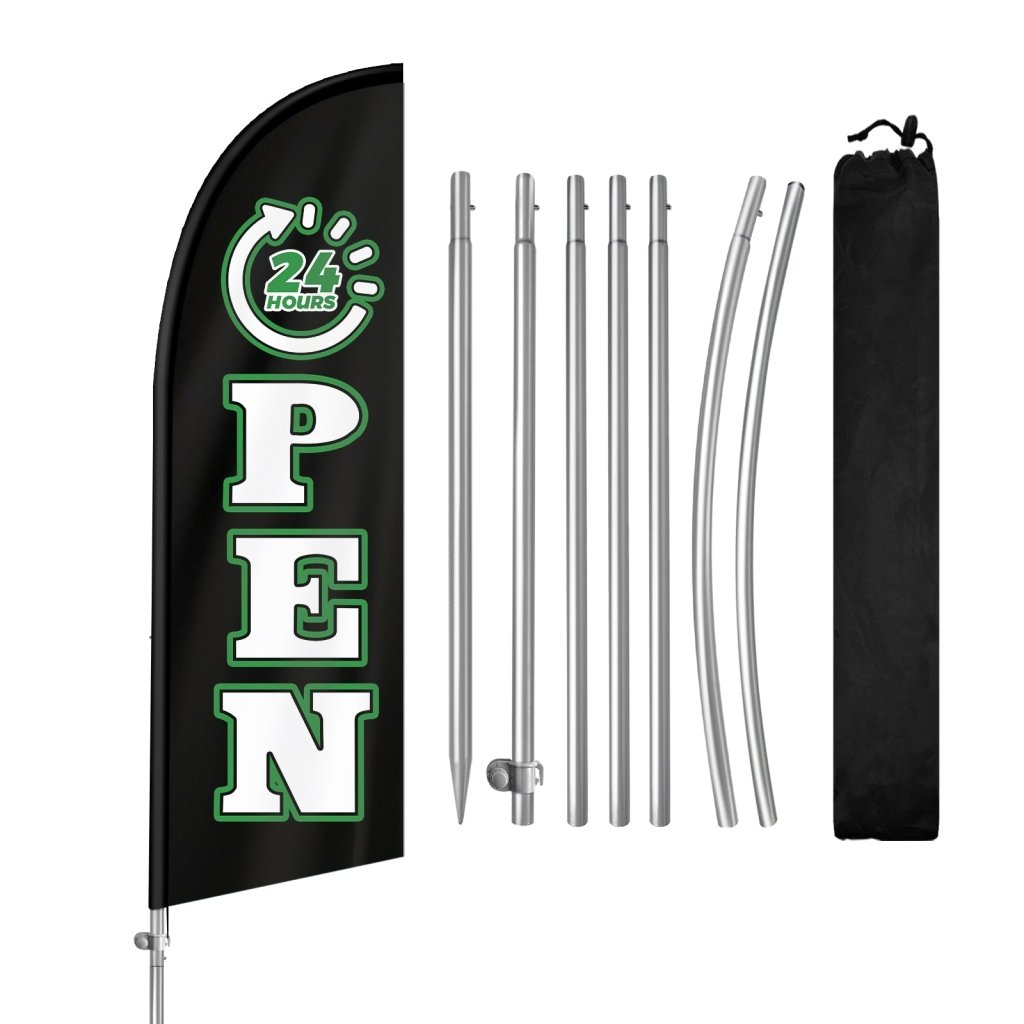 Open 24 Hours Sign - 8FT Open 24 Hours Black Banner Feather Flag with Stainless Steel Pole Kit(2m flag set)