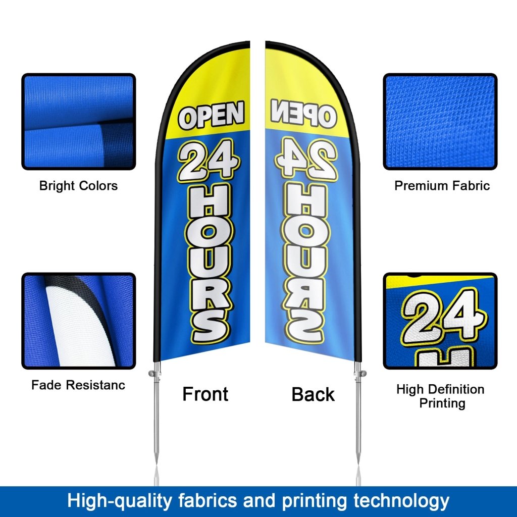 Open 24 Hours Sign - 8FT Open 24 Hours Blue Banner Feather Flag with Stainless Steel Pole Kit(2m flag set)